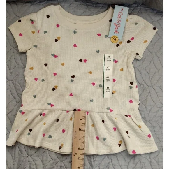NWT, Cat & Jack Girls 4T Drop-Waist Shirt,  Cream With Mini Colored Hearts - Picture 5 of 9